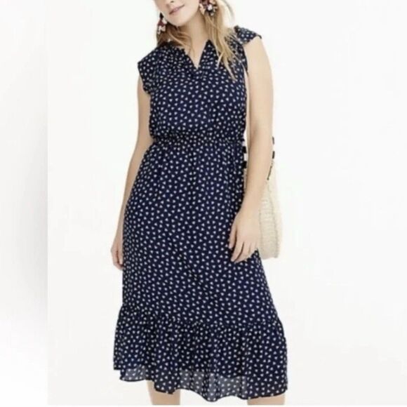J.Crew Mercantile Navy Blue Dragonfly Print Midi Dress Women’s Size L Pockets - Picture 1 of 14
